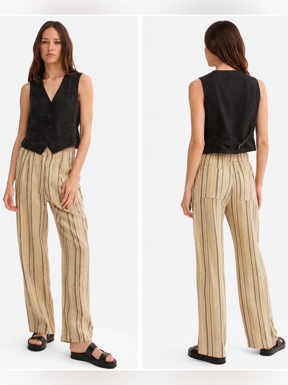 MATE the Label Beige and Black Vertical-Stripe Wide-Leg Trousers